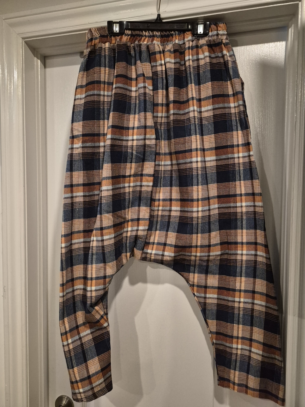 Womens Plaid Drop-Crotch Pants in Navy & Orange - Picture 3 of 5